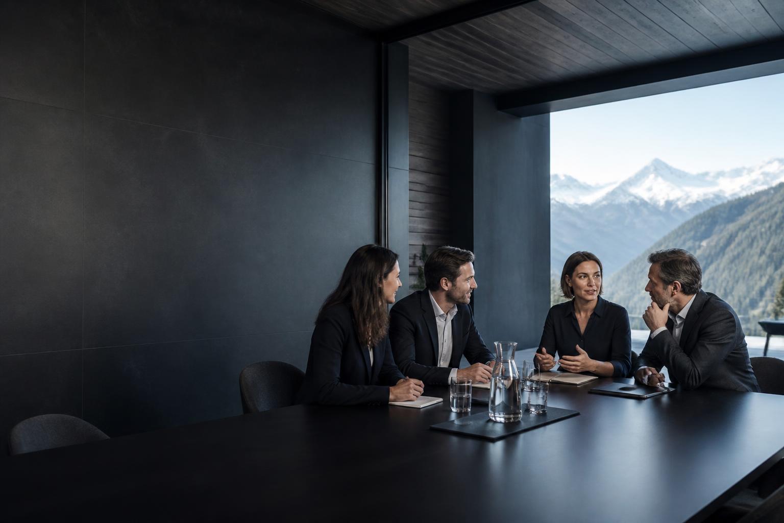 Équipe de professionnels réunie face aux Alpes